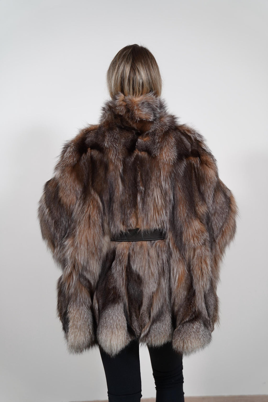 Luxury Crystal Fox Fur Cape: Real Fur Jacket Poncho with Belt