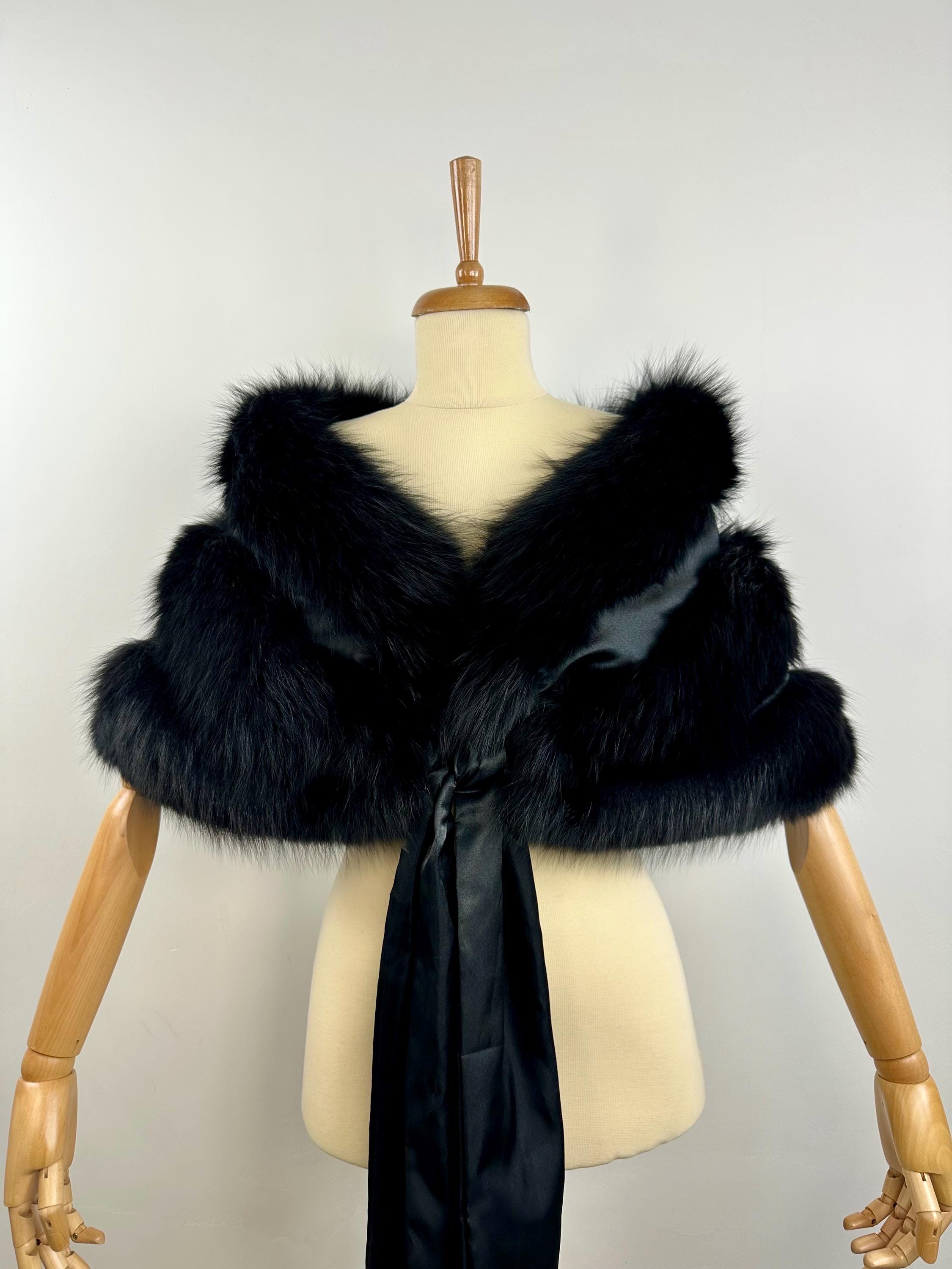 Black Fox Fur Shawl – Real Fur Wrap, Handmade in Greece, Luxury Evening Shawl