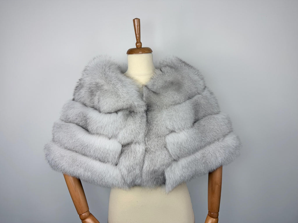 Luxury Blue Fox Fur Stole: Real Ice White Fur Bridal Shawl