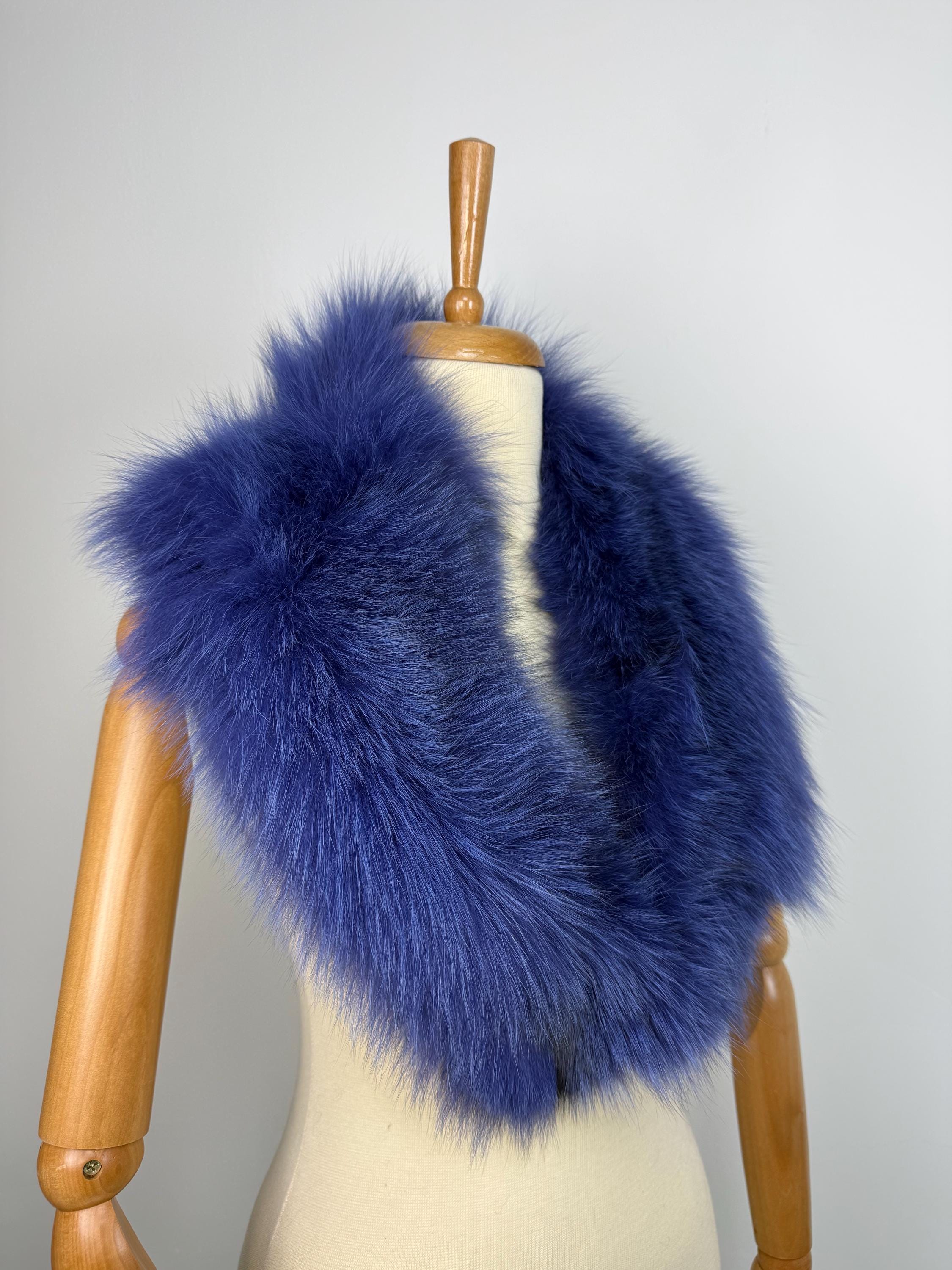 Luxury Royal Blue Fox Fur Collar – Real Fur, Handmade in Greece, Elegant Neck Accessory