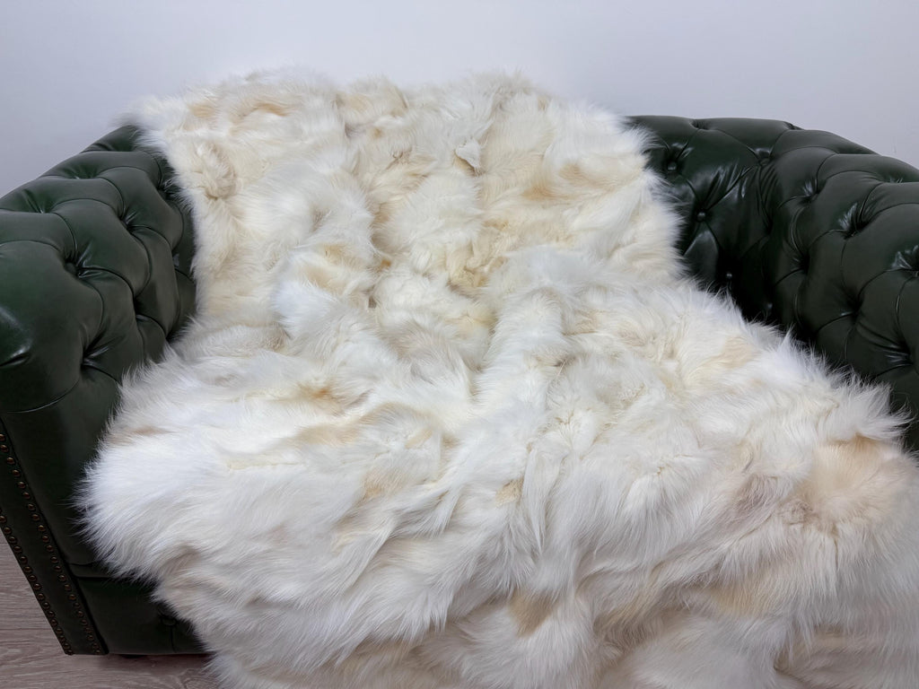 Luxury Real Cream Fox Fur Blanket Throw, Fluffy Genuine Fur Bedspread Bedding