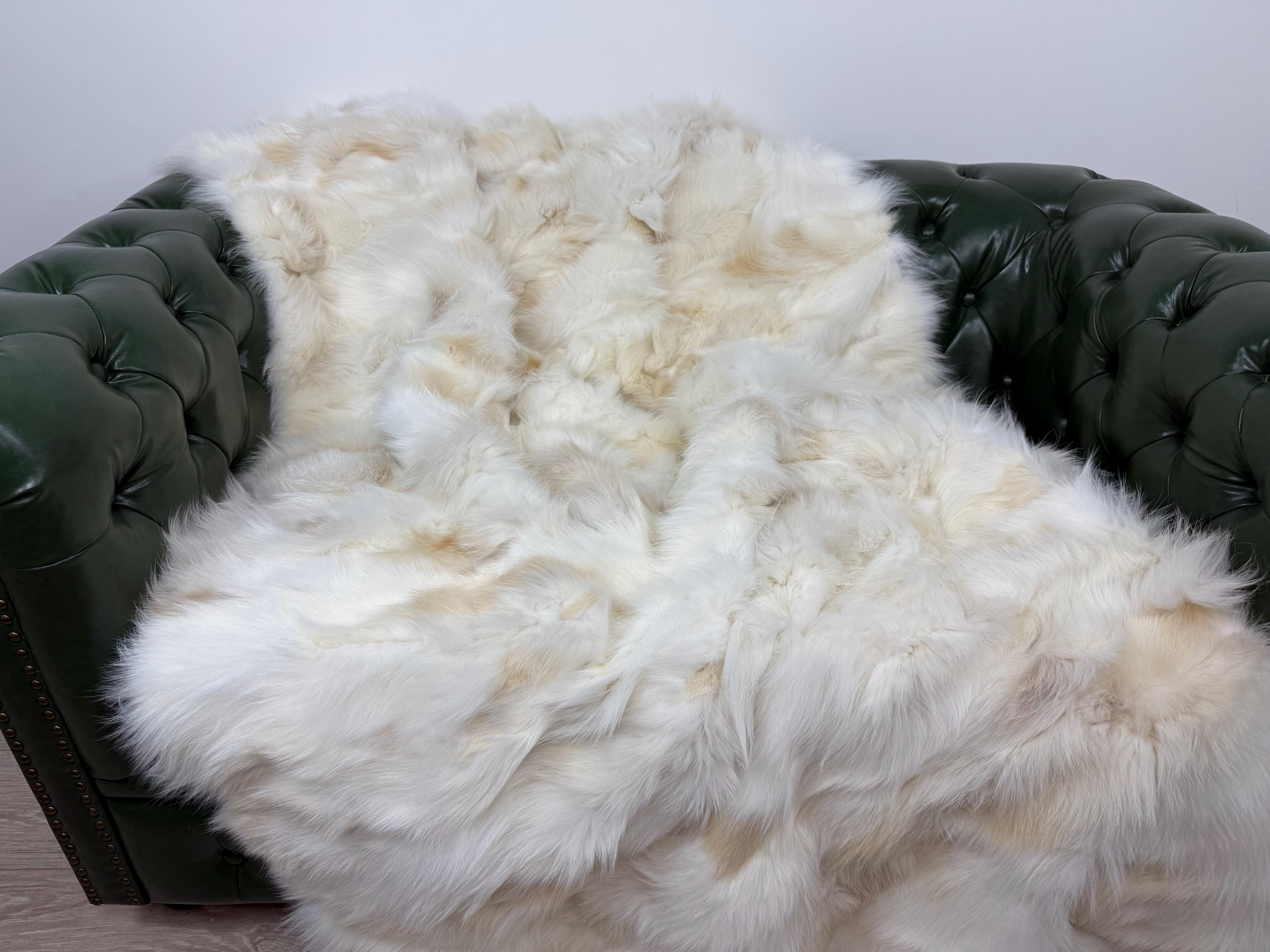 Luxury Real Cream Fox Fur Blanket Throw, Fluffy Genuine Fur Bedspread Bedding