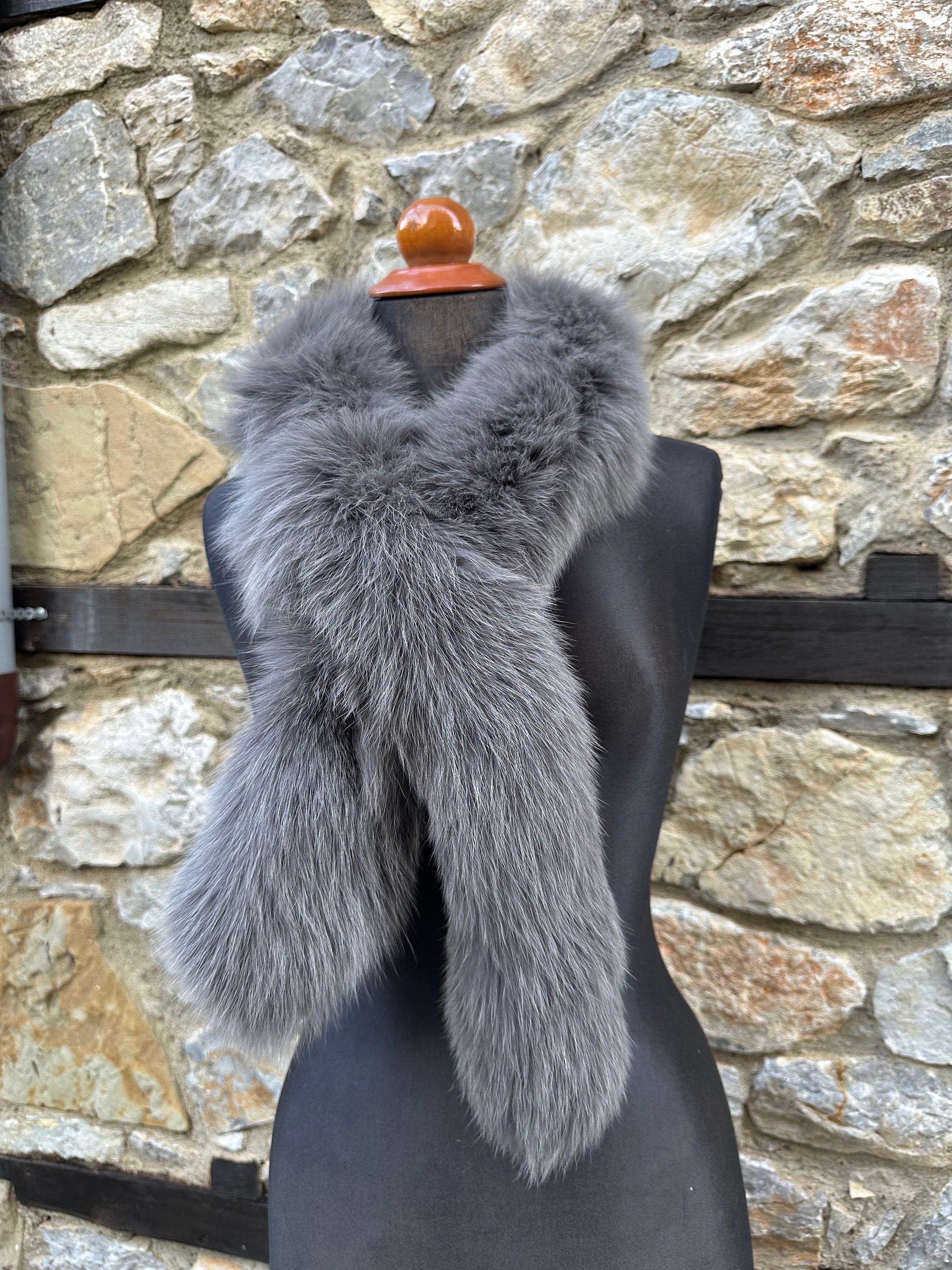 Elegant Gray Fur Scarf, Genuine Fur  Neck Wrap