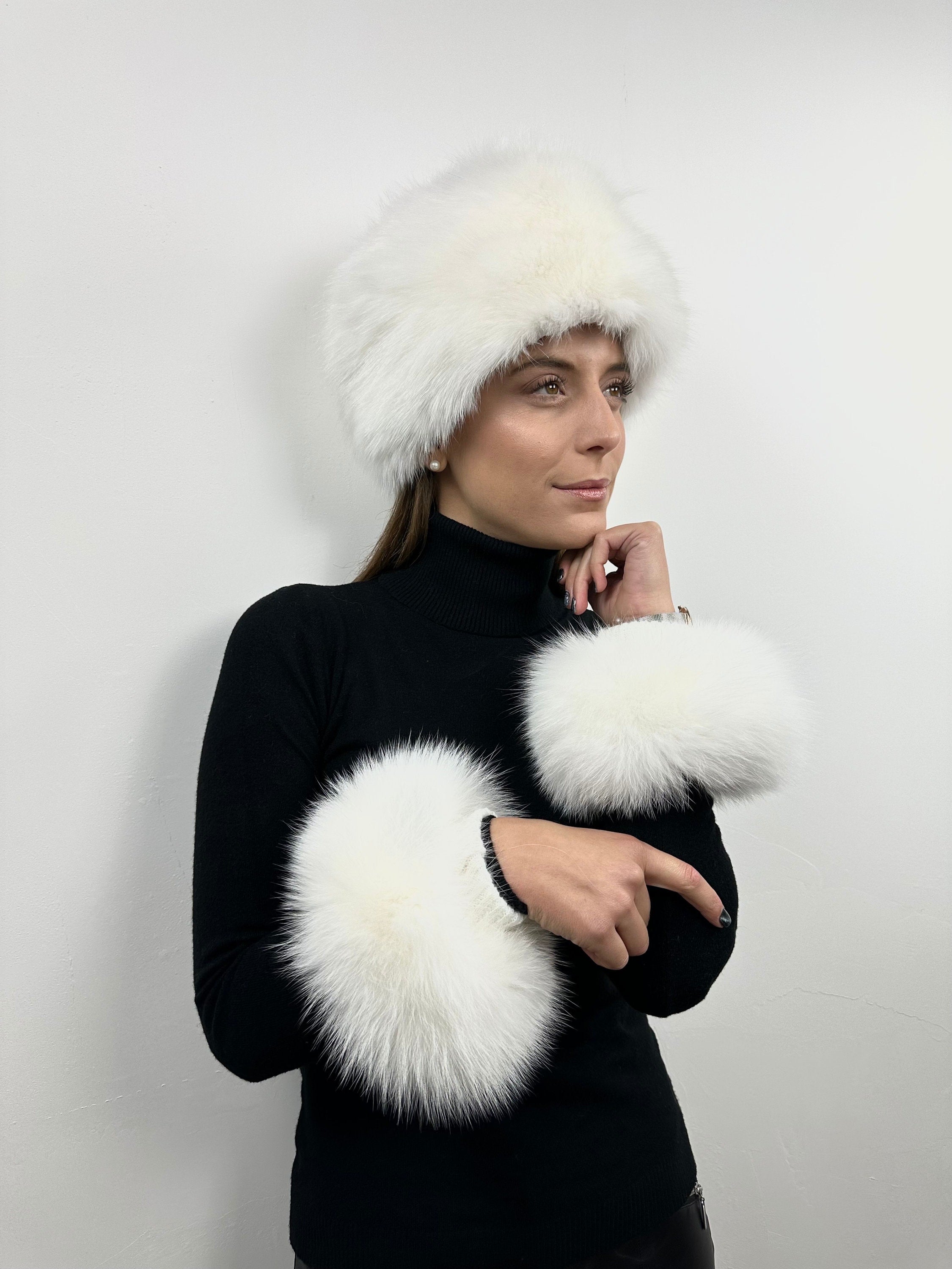 Handmade White Fox Fur Hat: Warm Fluffy Winter Hat