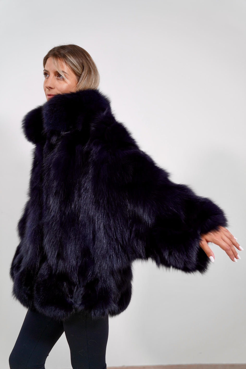 Luxury Blue Black Cape: Real Fox Fur Jacket