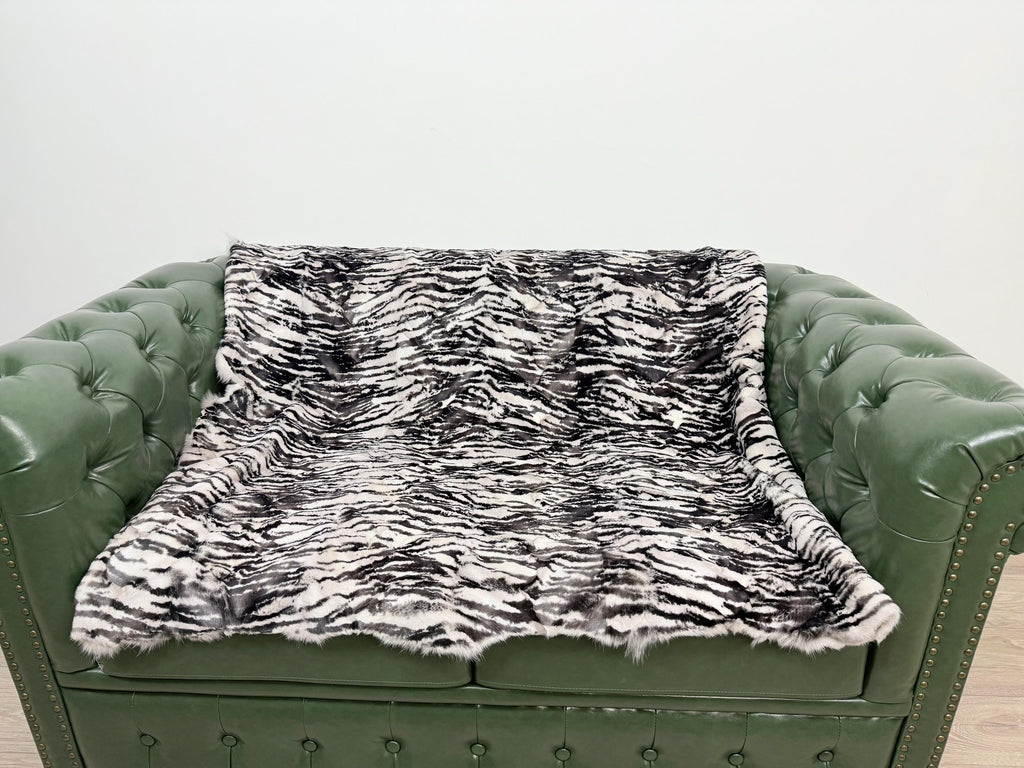 Luxury Fox Fur Throw: White Zebra Print, Handmade Exotic Home Decor