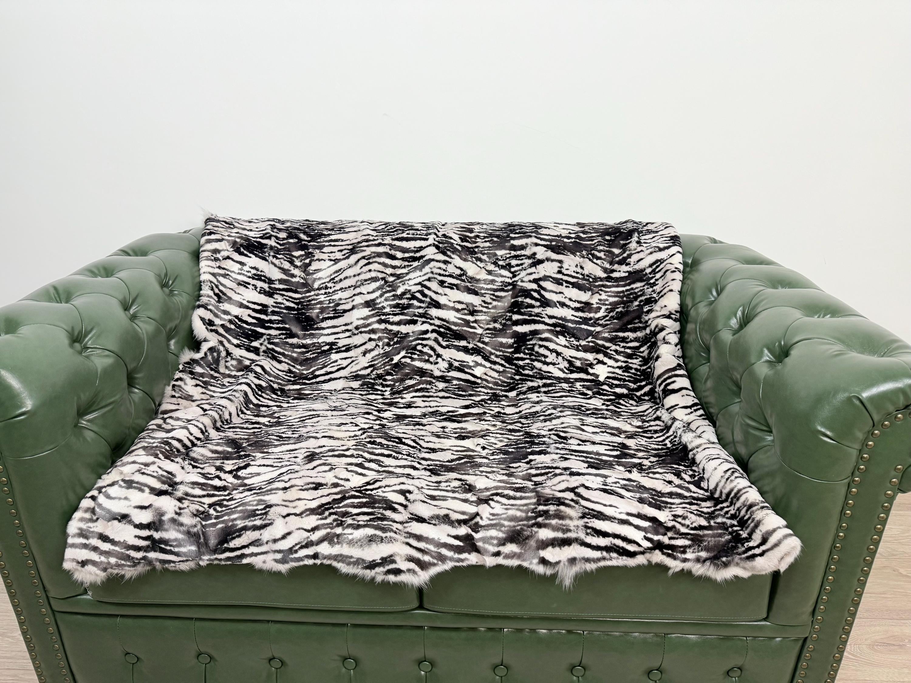 Luxury Fox Fur Throw: White Zebra Print, Handmade Exotic Home Decor