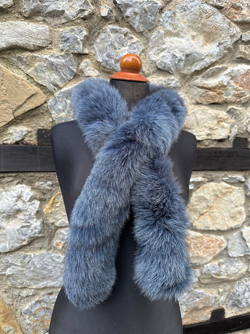 Blue Fox Fur Scarf – Real Fur Scarf, Handmade in Greece, Luxury Denim Blue Scarf