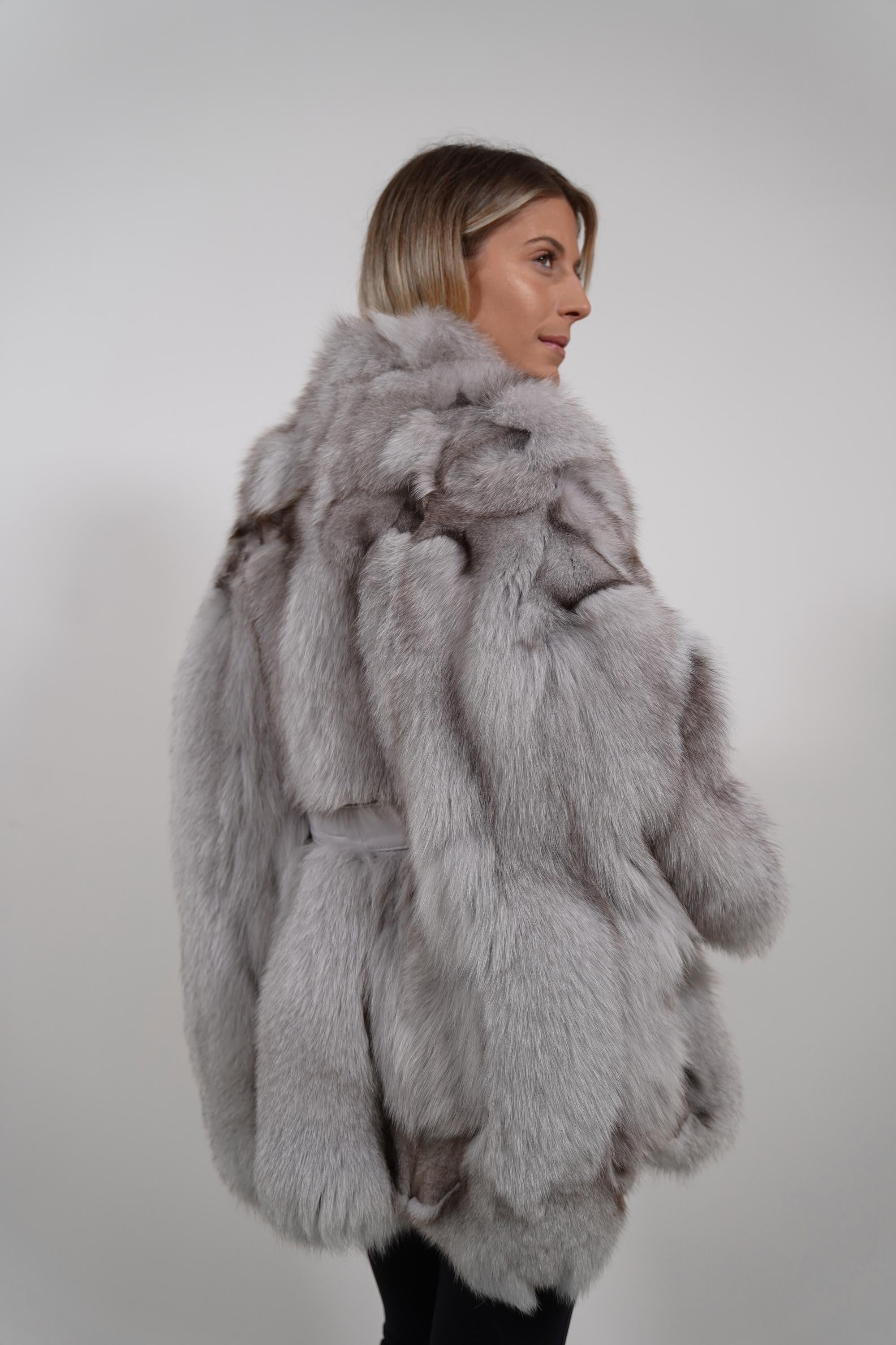 Luxury Gray Fur Cape: Real Fox Fur Grey Jacket Poncho with Belt