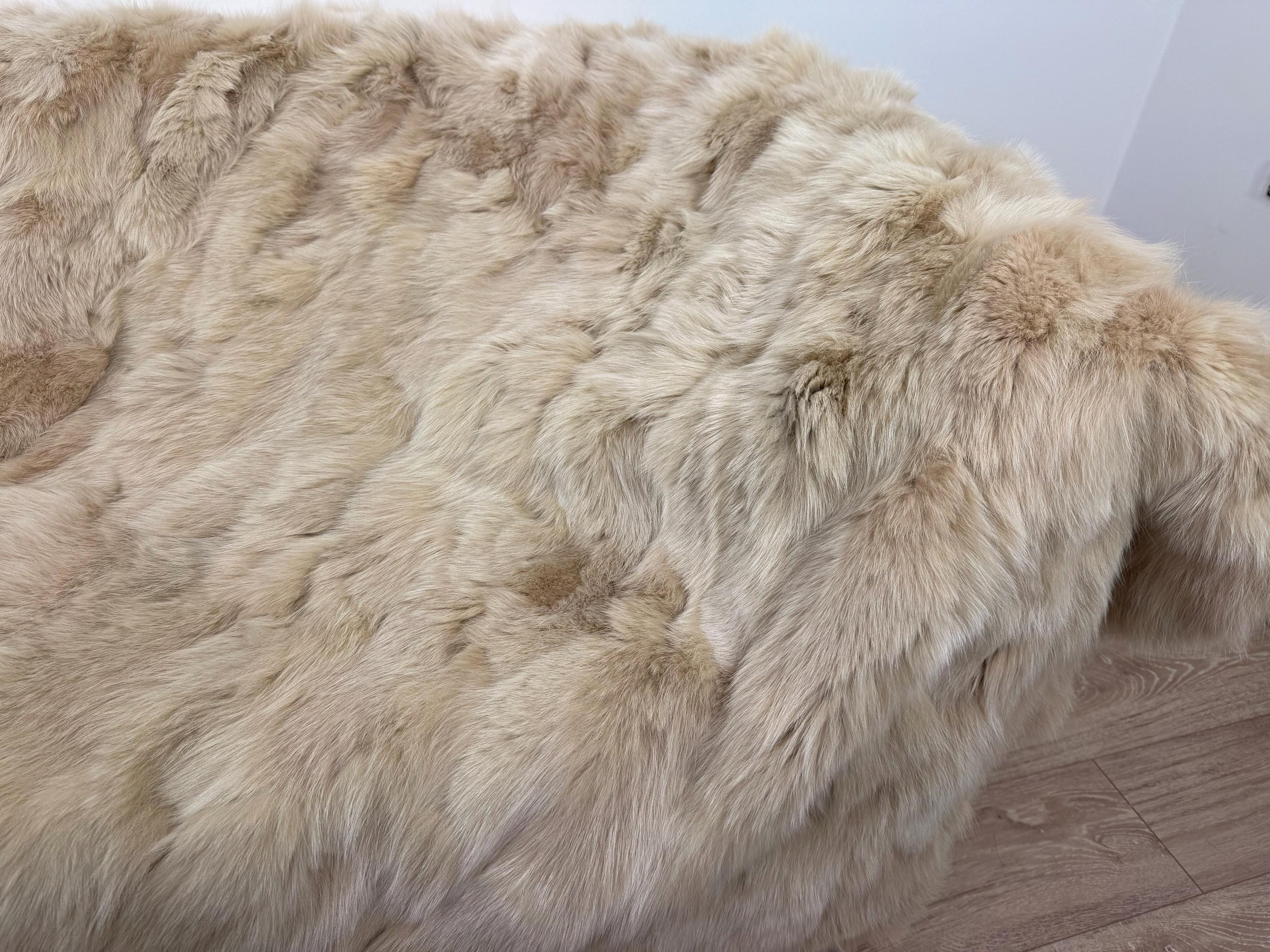 Luxury Beige Fox Fur Blanket: Handmade Fluffy Bedspread, Sofa Throw