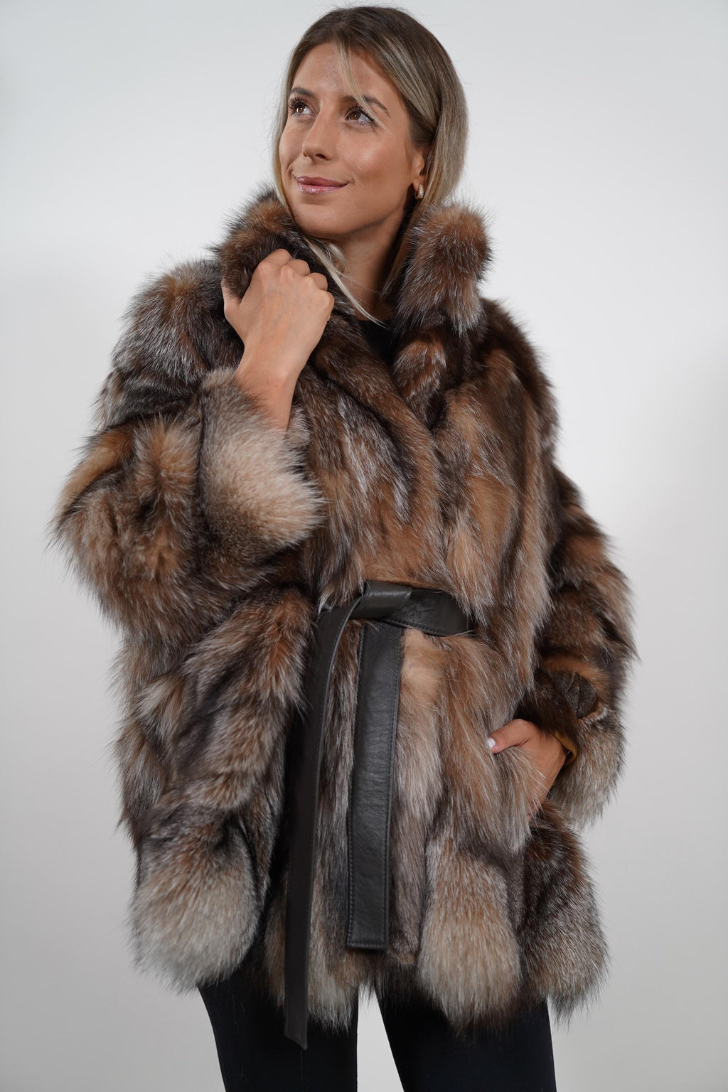 Luxury Crystal Fox Fur Cape: Real Fur Jacket Poncho with Belt