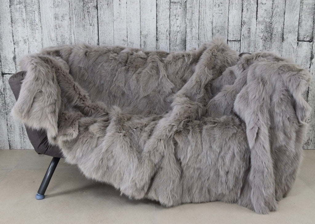 Luxury Fox Fur Blanket: Grey Handmade Throw, Elegant Home Decor