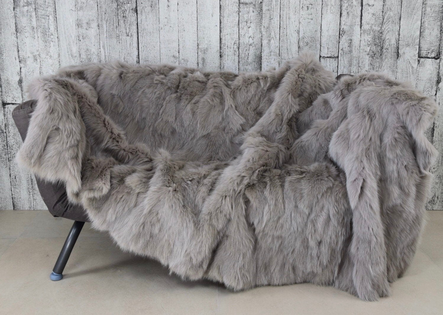 Luxury Fox Fur Blanket: Grey Handmade Throw, Elegant Home Decor