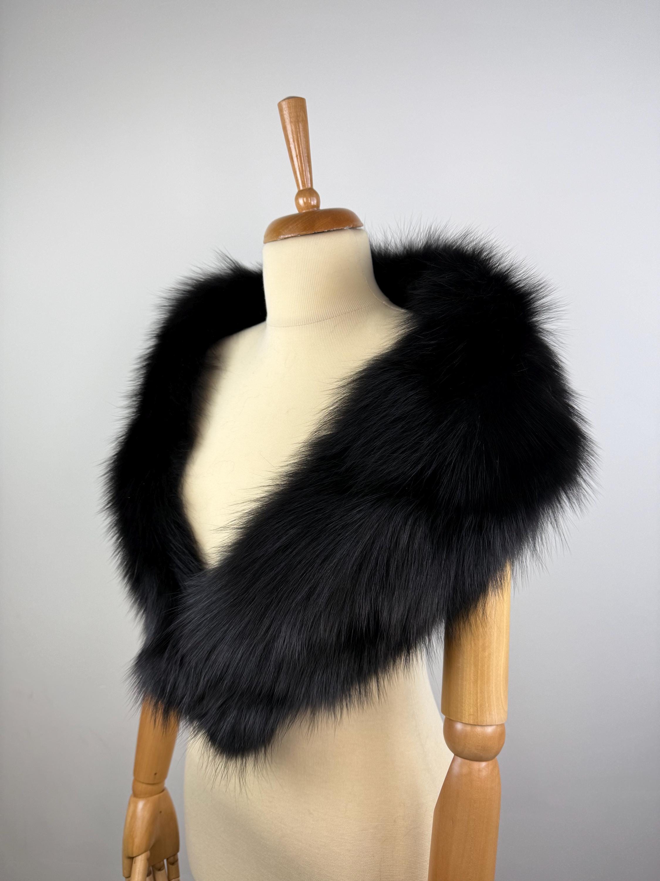 Black Fox Fur Stole – Real Fur Wrap, Extra Long Luxury Fur, Handmade in Greece