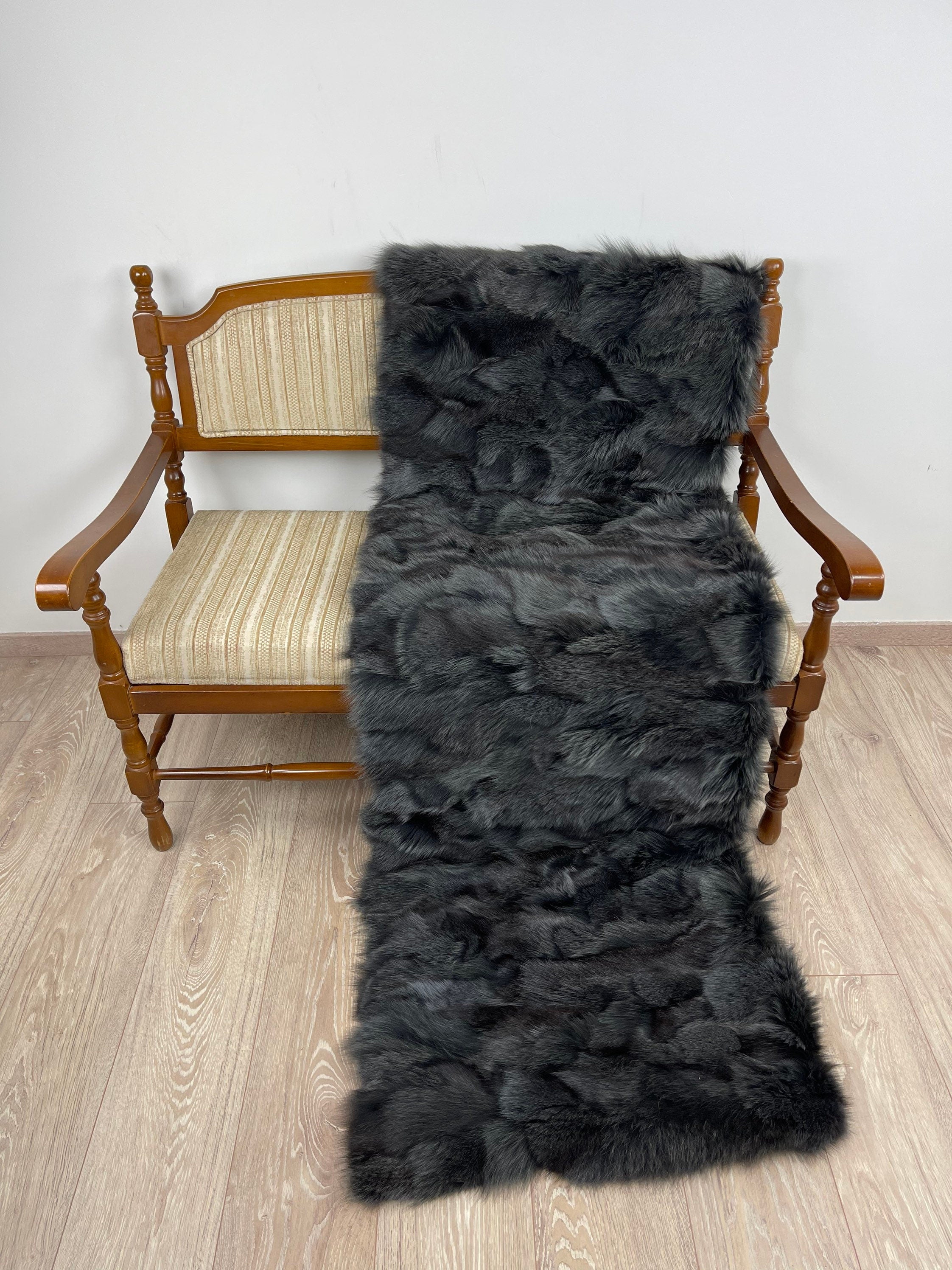 Dark Gray Fox Fur Blanket – Real Fur Throw, Handmade in Greece, Luxury Fur Blanket