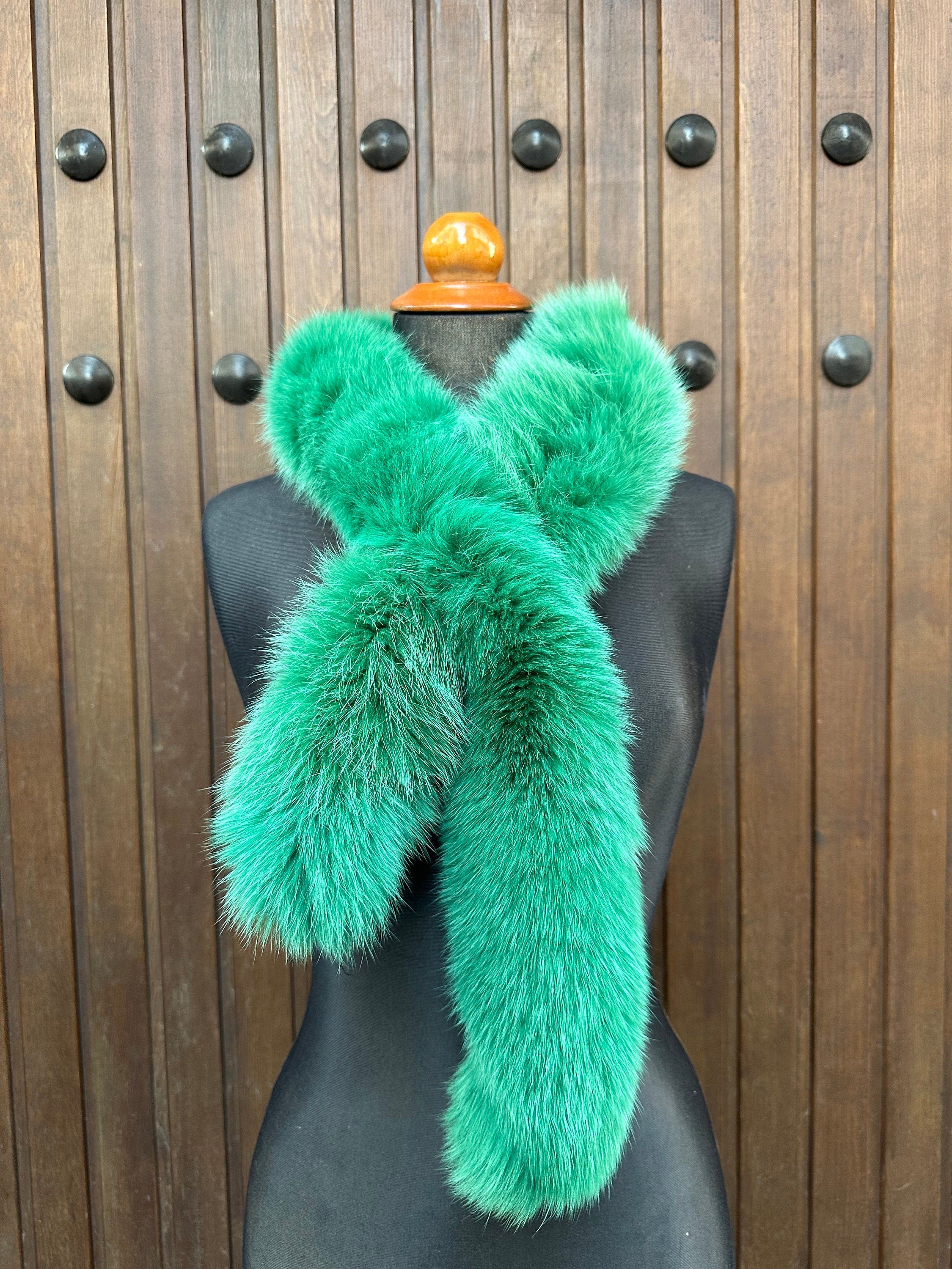 Green Fox Fur Scarf, Real Fur Scarf, Handmade Fur Scarf, Luxury Winter Scarf for Women
