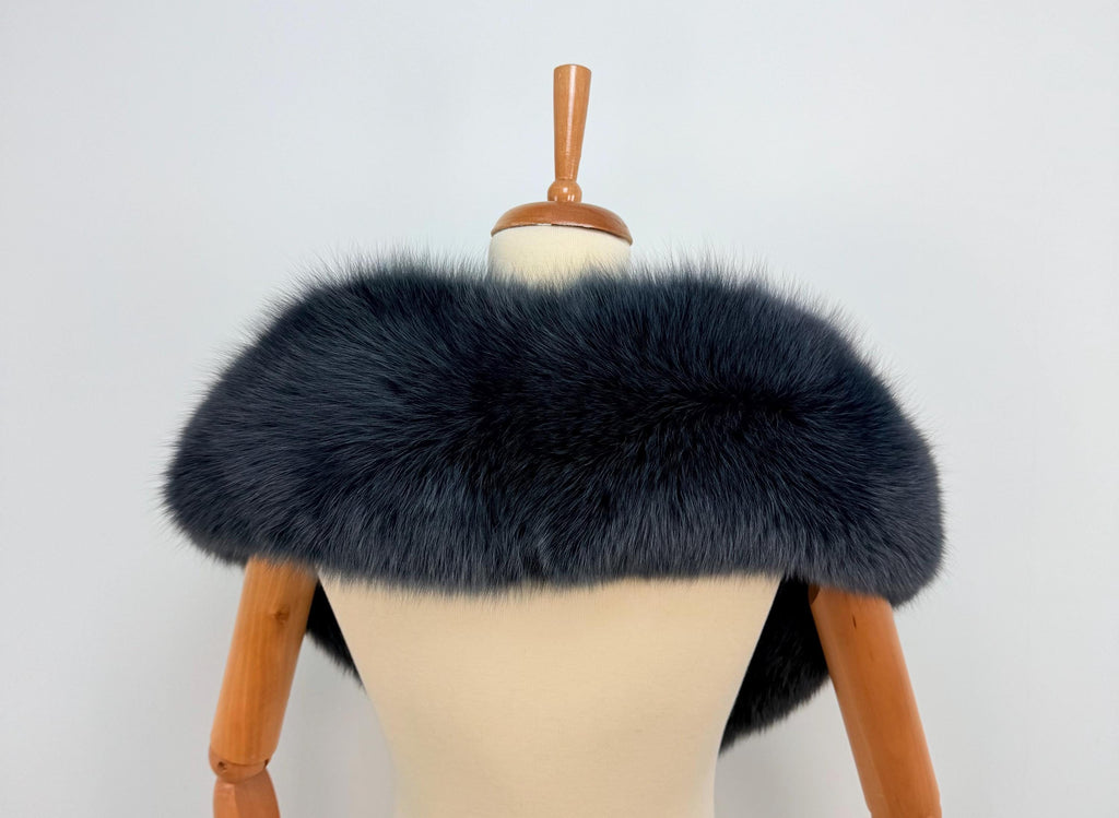 Midnight Blue Fox Fur Stole – Real Fur Wrap, Extra Long Luxury Fur, Handmade in Greece