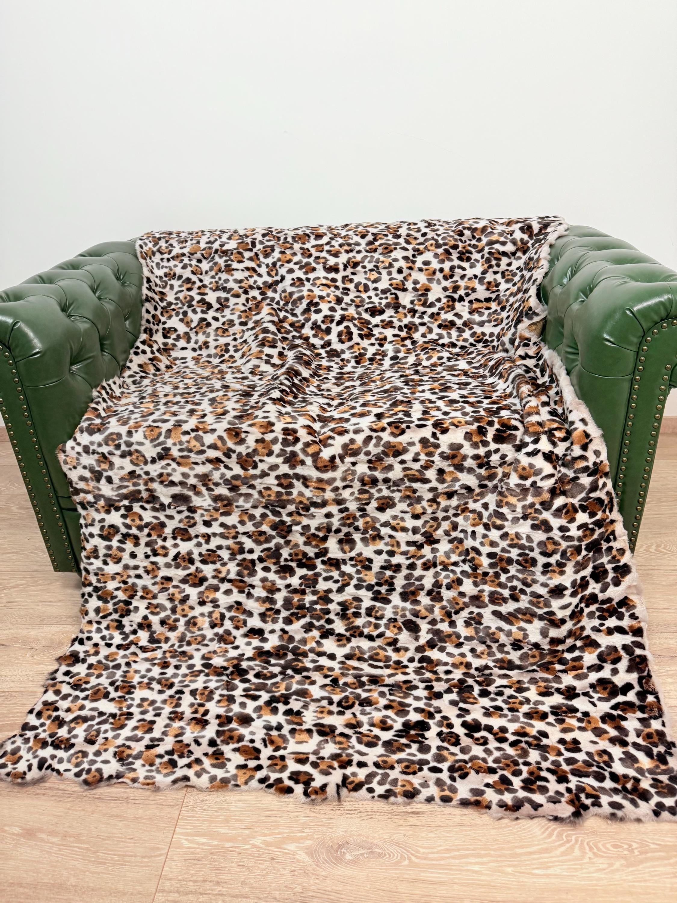 Luxury Fox Fur Blanket: White Leopard Print Throw, Handmade