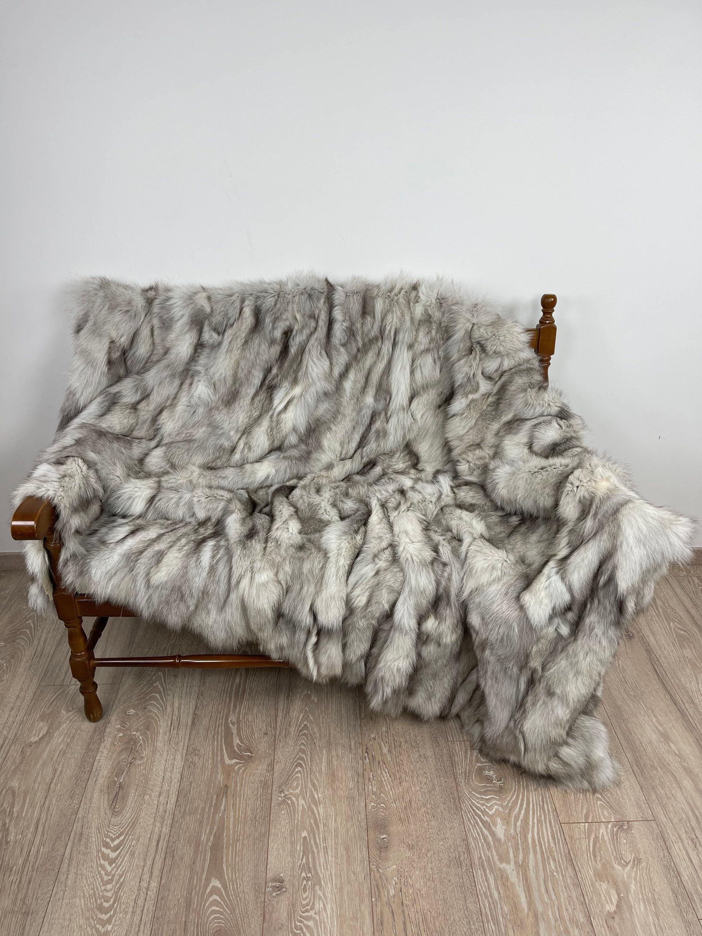 Genuine Blue Fox Fur Blanket: Handmade Luxury Throw Bedspread
