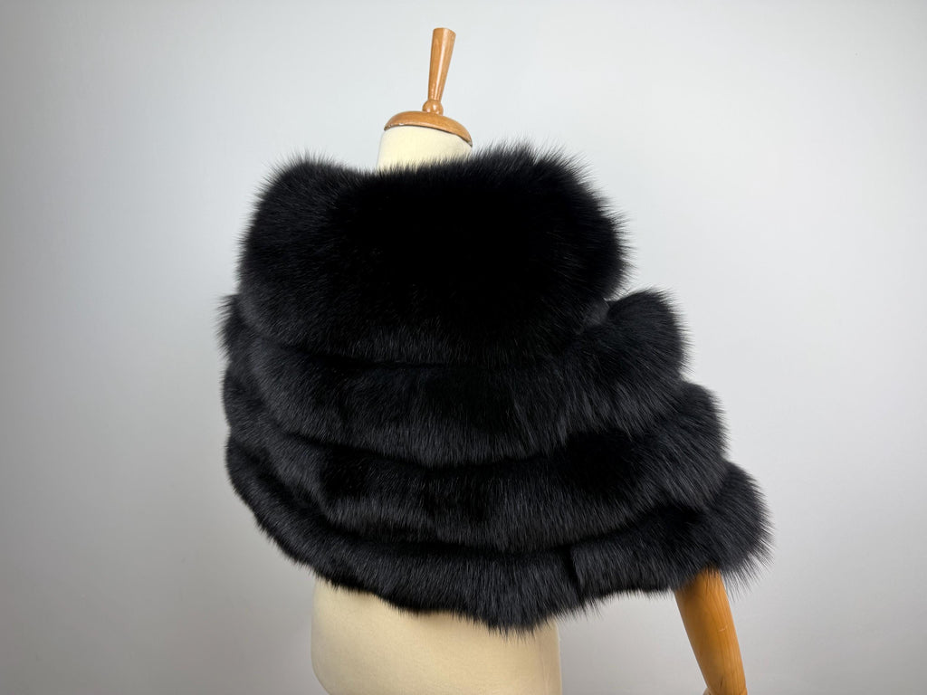 Black Fox Fur Stole – Real Fur Formal Shawl, Handmade in Greece