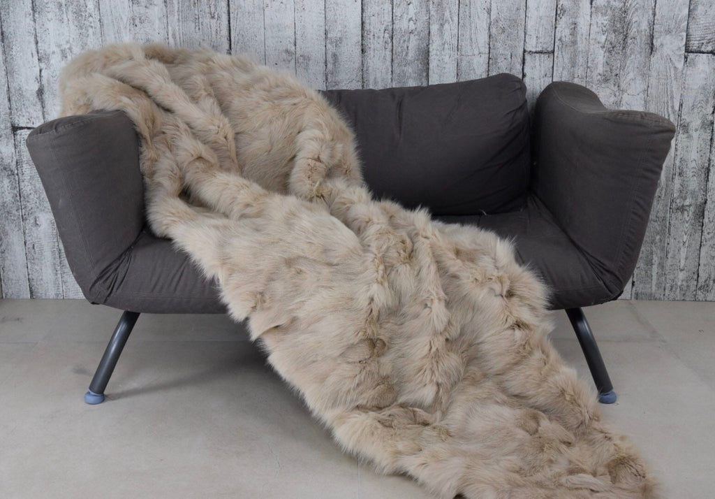Beige Fox Fur Blanket: Luxury Warm Fur Throw Bedspread