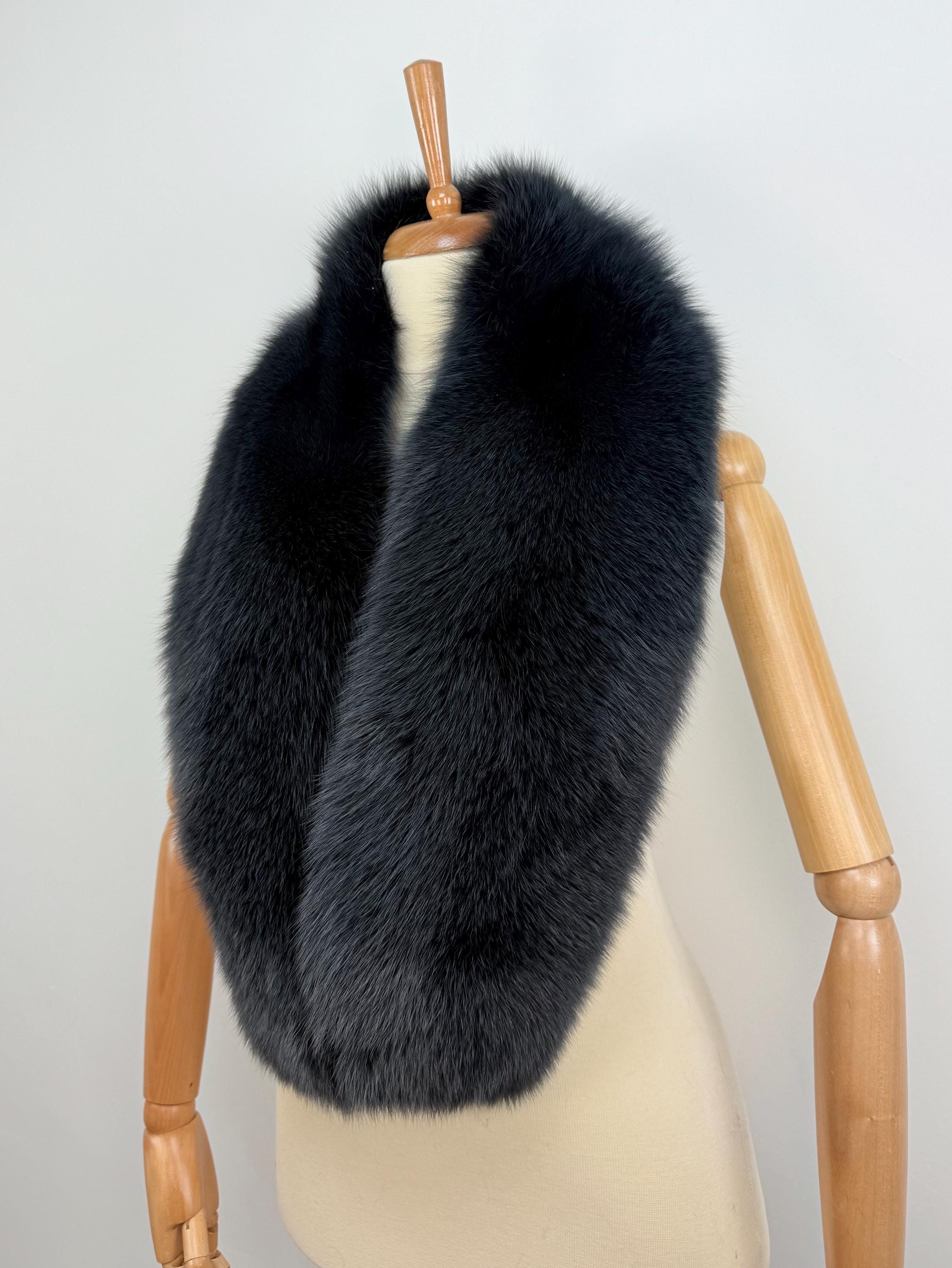 Midnight Blue Fox Fur Stole – Real Fur Wrap, Extra Long Luxury Fur, Handmade in Greece