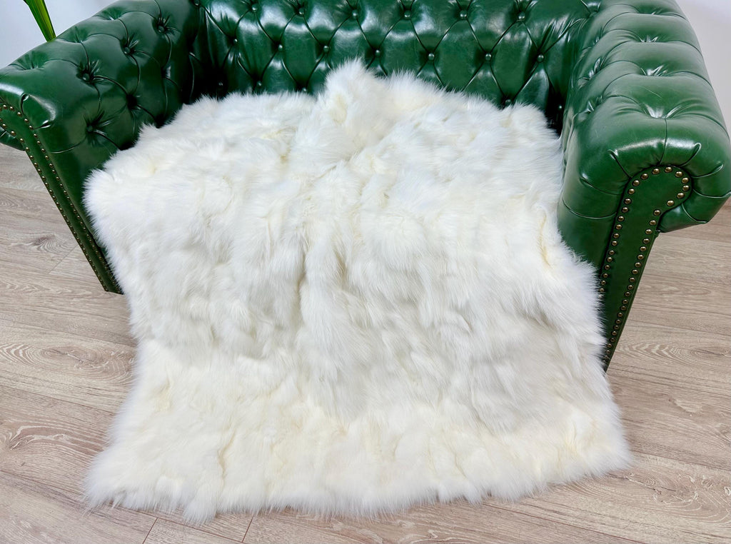 Handmade White Shadow Fox Fur Blanket: Luxury Bedspread Throw