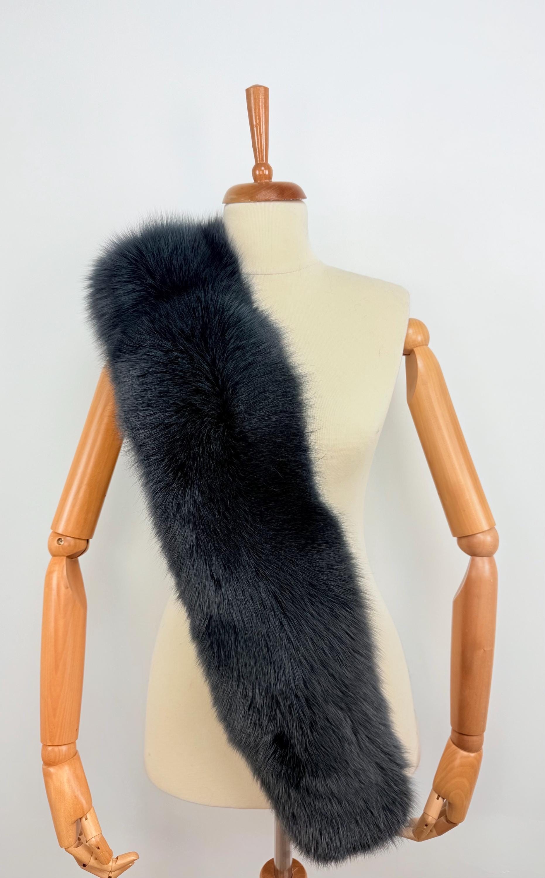 Midnight Blue Fox Fur Stole – Real Fur Wrap, Extra Long Luxury Fur, Handmade in Greece