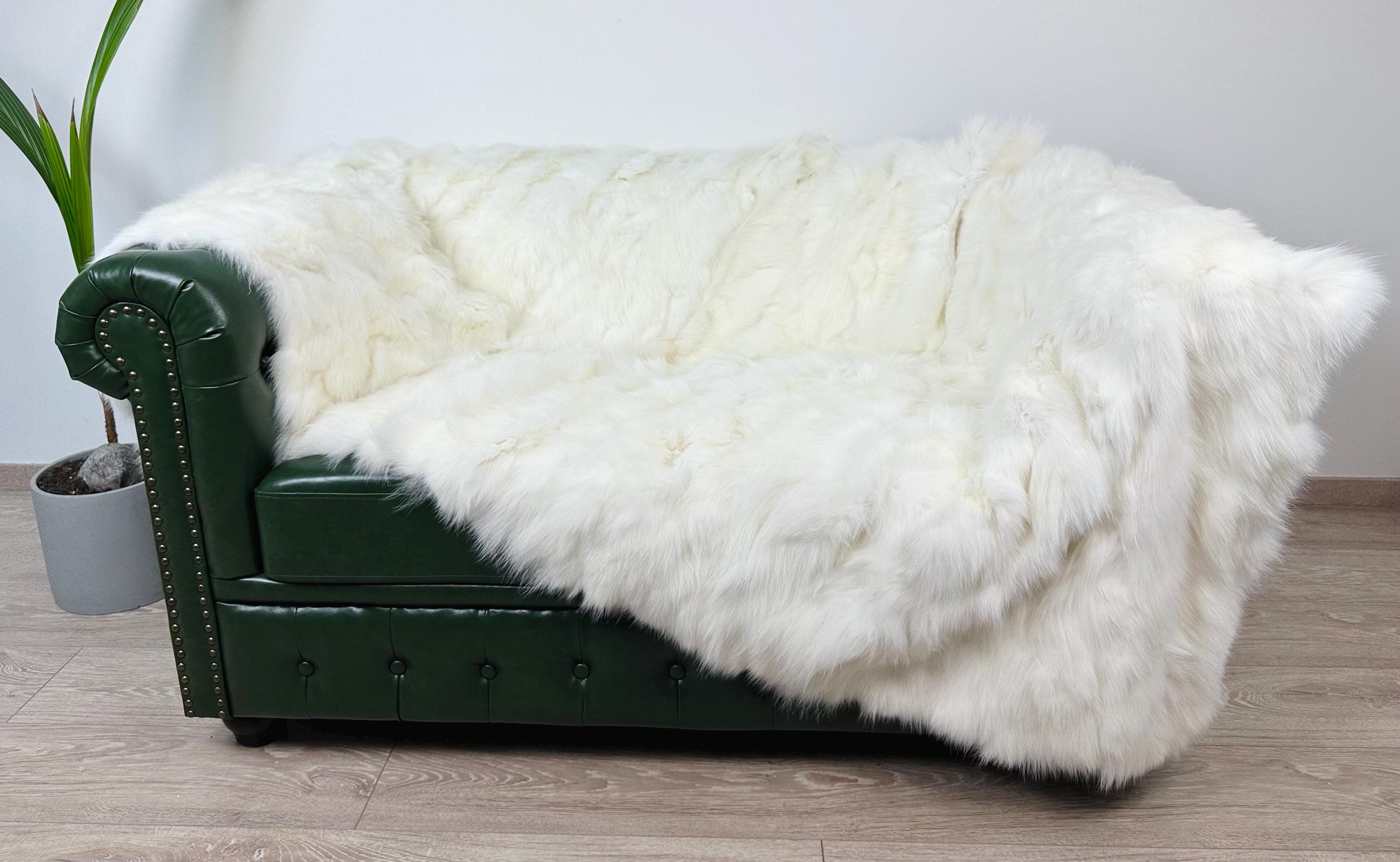 Handmade White Shadow Fox Fur Blanket: Luxury Bedspread Throw