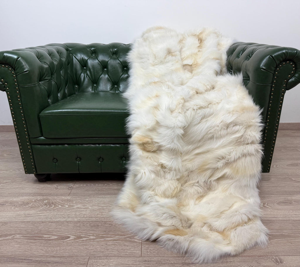 Luxury Real Cream Fox Fur Blanket Throw, Fluffy Genuine Fur Bedspread Bedding
