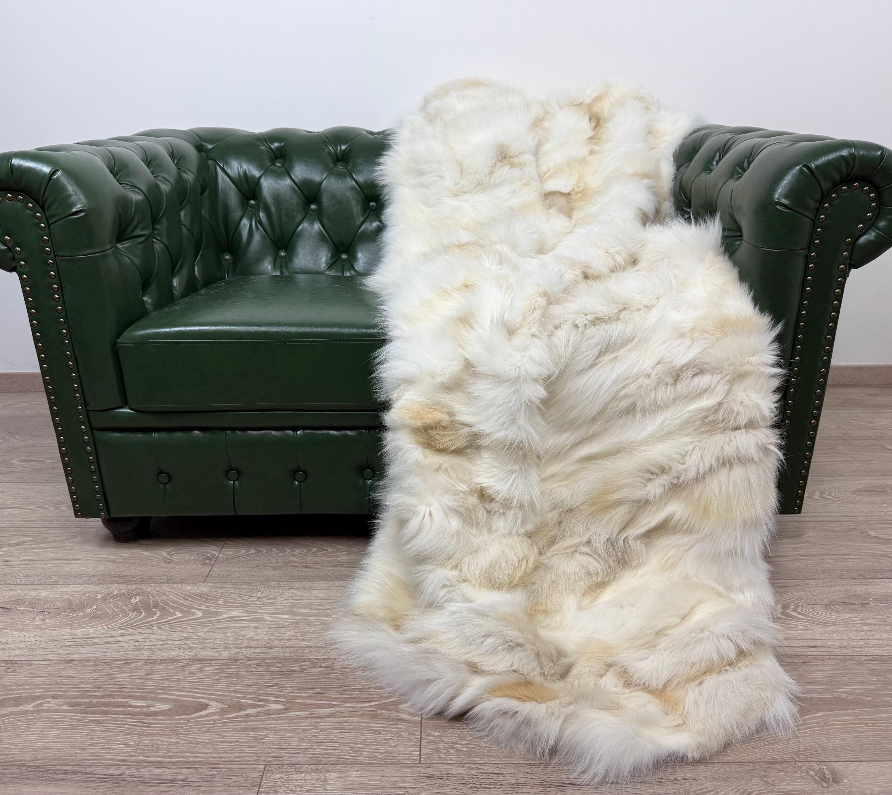 Luxury Real Cream Fox Fur Blanket Throw, Fluffy Genuine Fur Bedspread Bedding