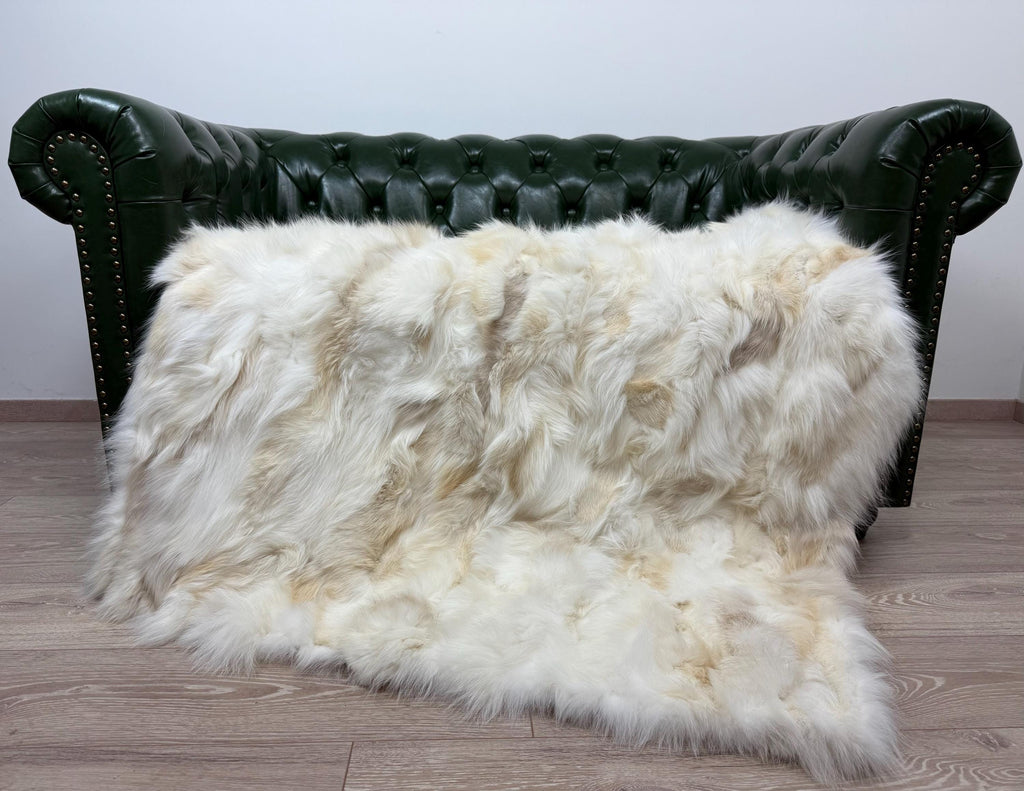 Luxury Real Cream Fox Fur Blanket Throw, Fluffy Genuine Fur Bedspread Bedding