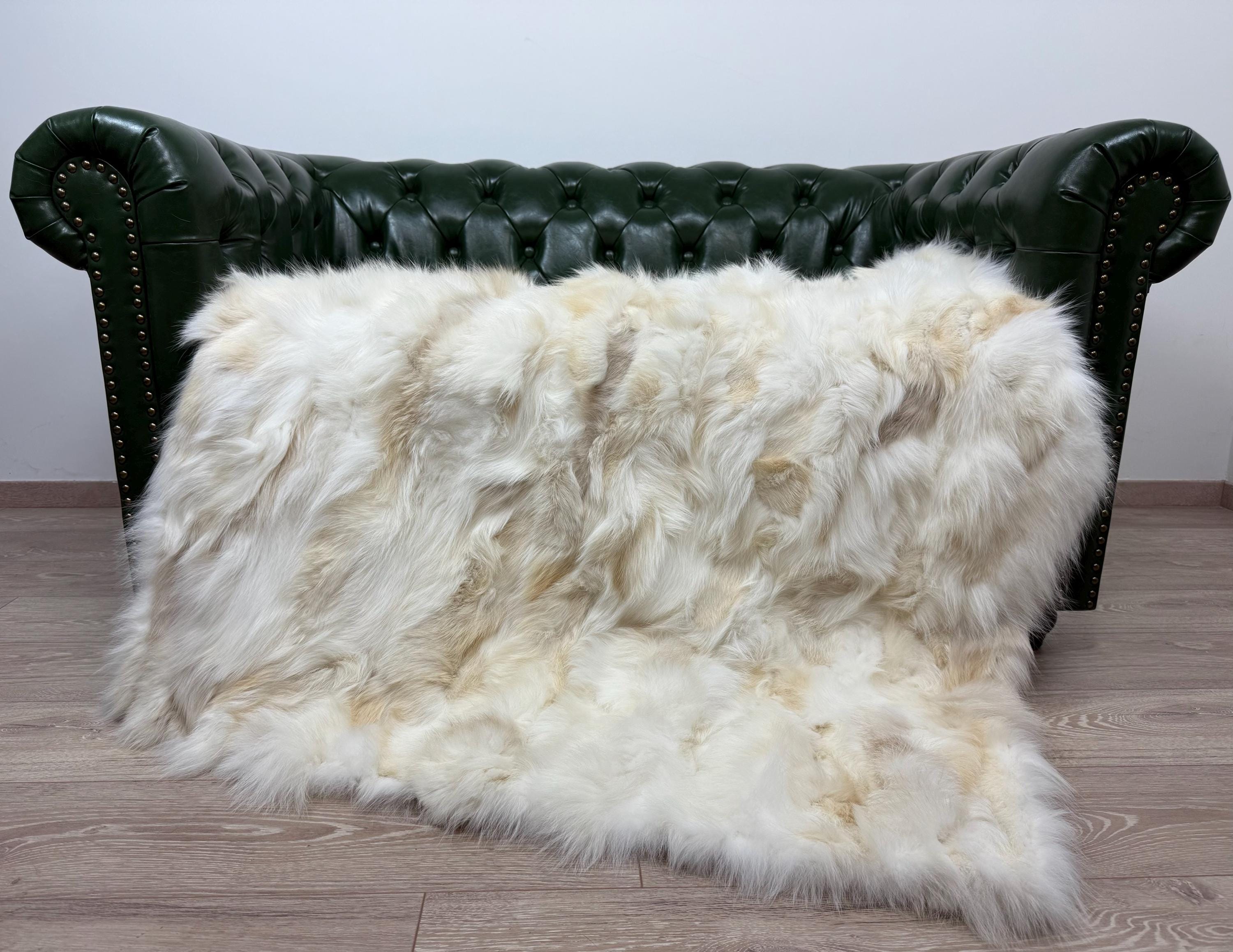 Luxury Real Cream Fox Fur Blanket Throw, Fluffy Genuine Fur Bedspread Bedding