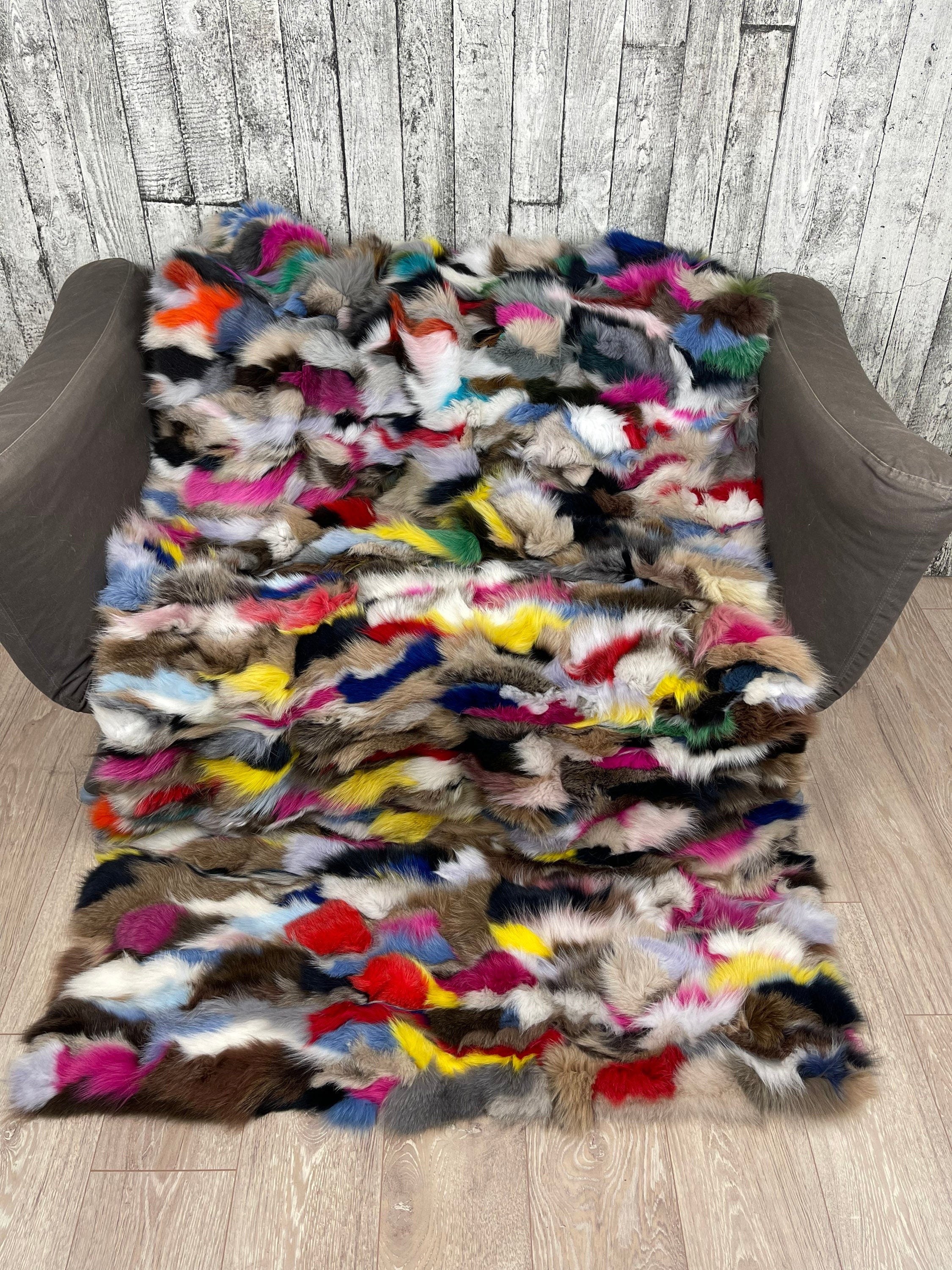 Luxury Multicolour Fox Fur Throw: Handmade Real Fur Blanket