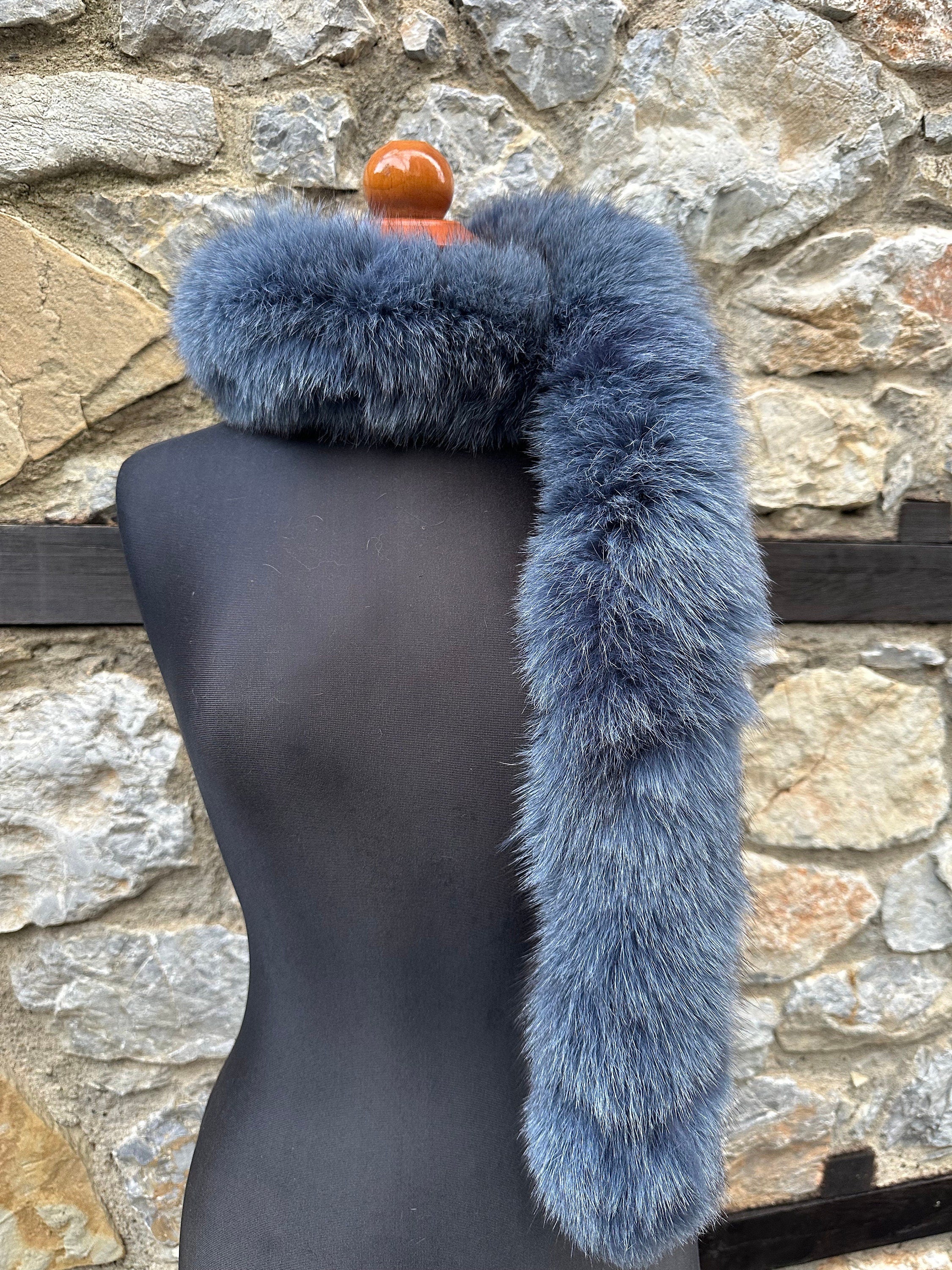 Blue Fox Fur Scarf – Real Fur Scarf, Handmade in Greece, Luxury Denim Blue Scarf