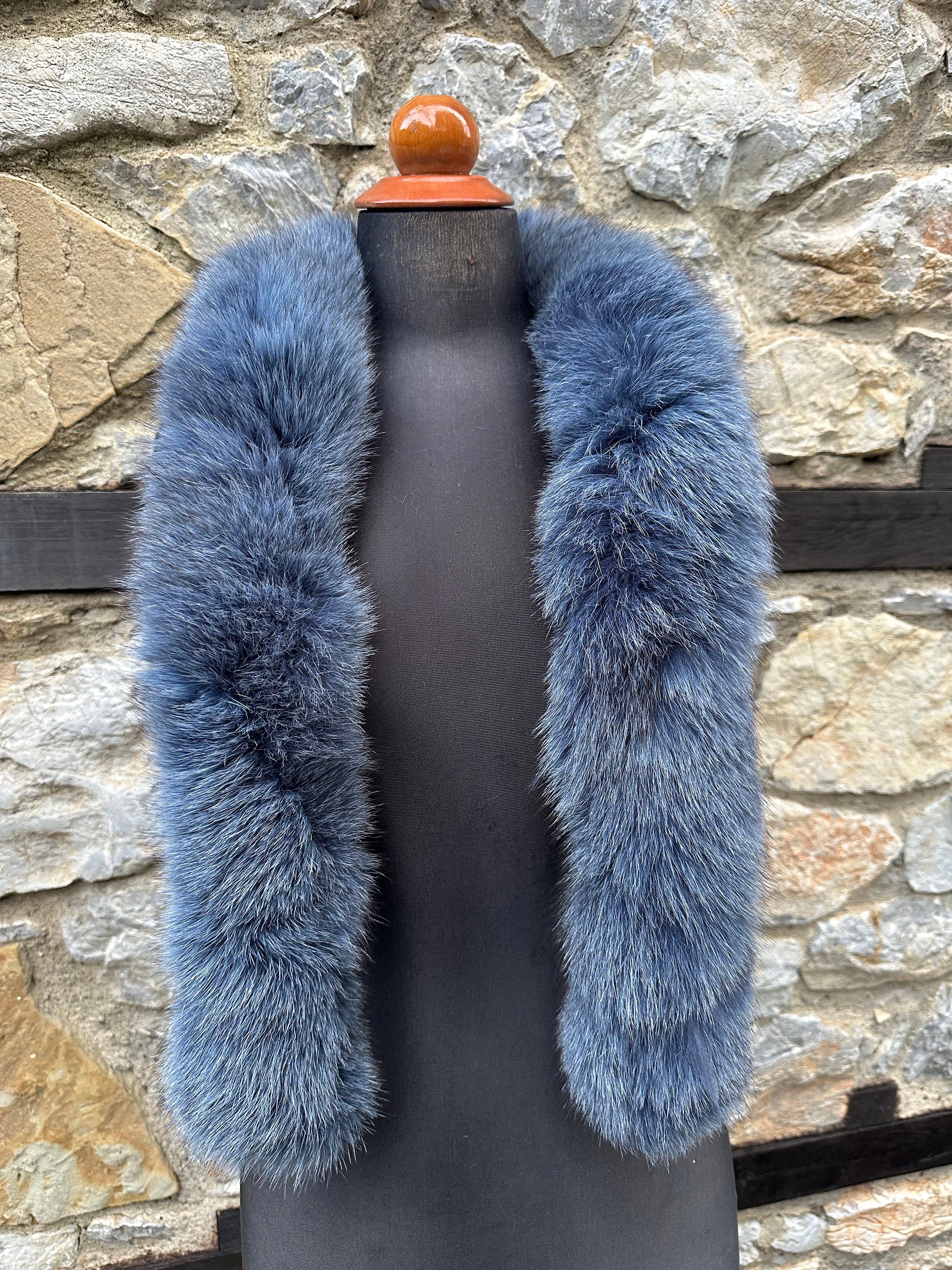 Blue Fox Fur Scarf – Real Fur Scarf, Handmade in Greece, Luxury Denim Blue Scarf