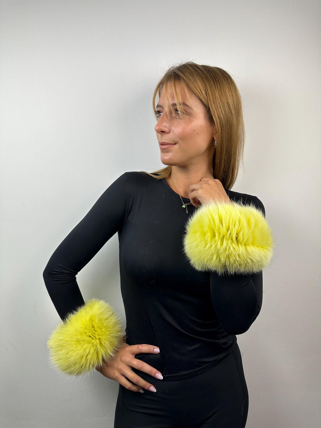 Real Fox Fur Cuffs: Lime Yellow Fluffy Wrist Warmers
